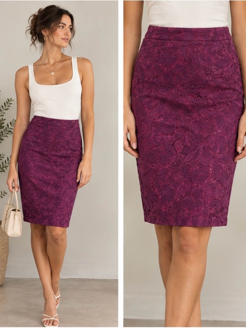 CAbi Deep Magenta & Plum Lace Pencil Skirt- M